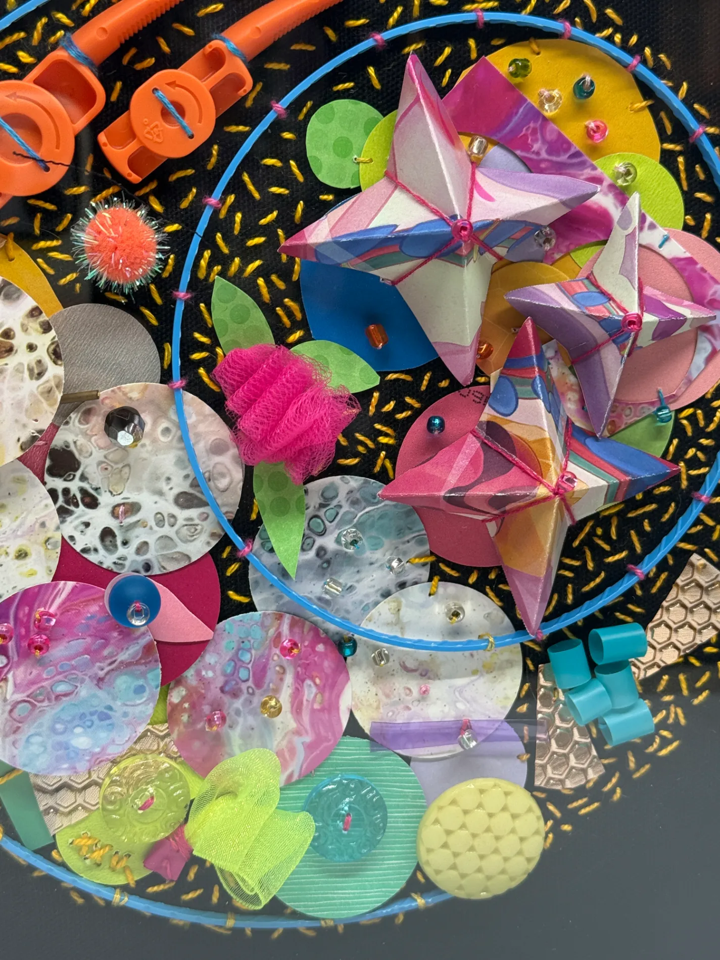 Recycled Embellished Fabric Art, Cellular - Image 2